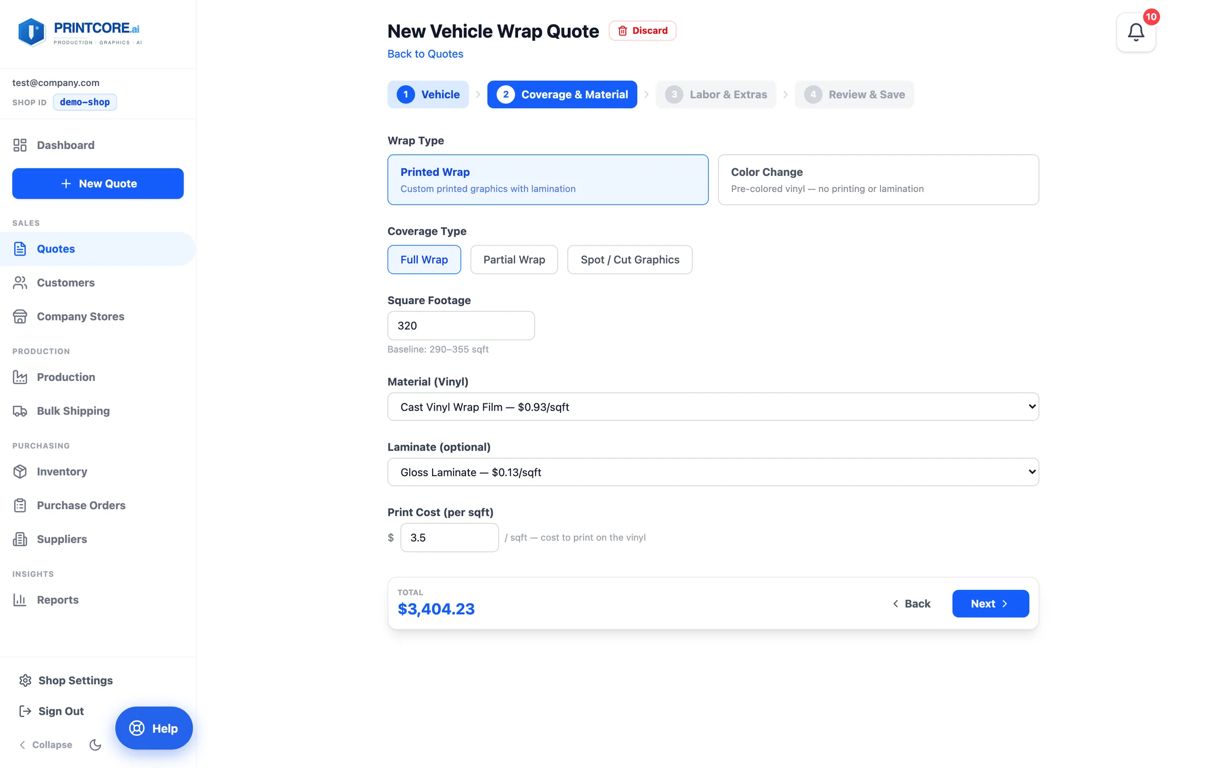 Step 2 — Coverage & Material