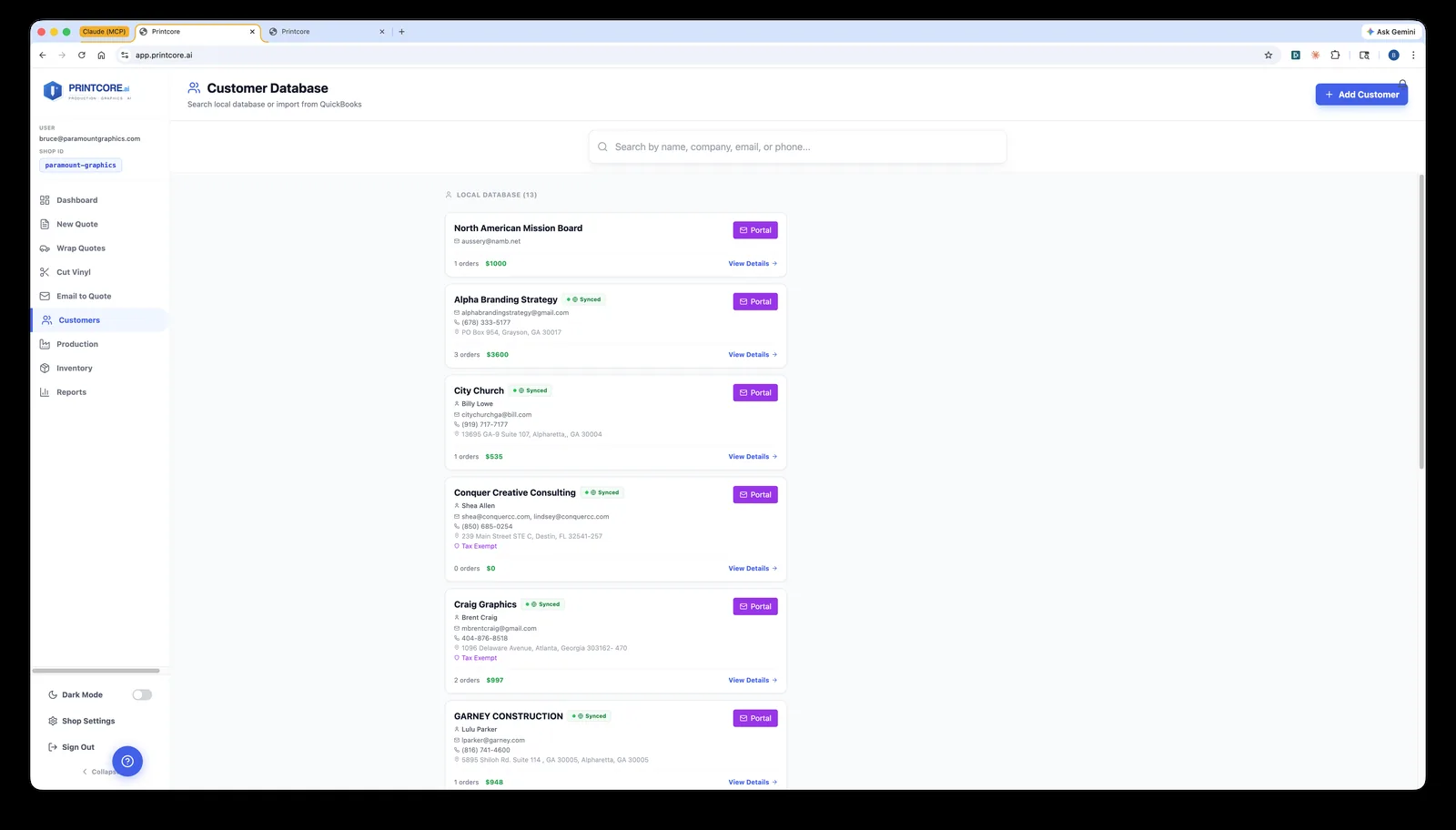 The Customers list