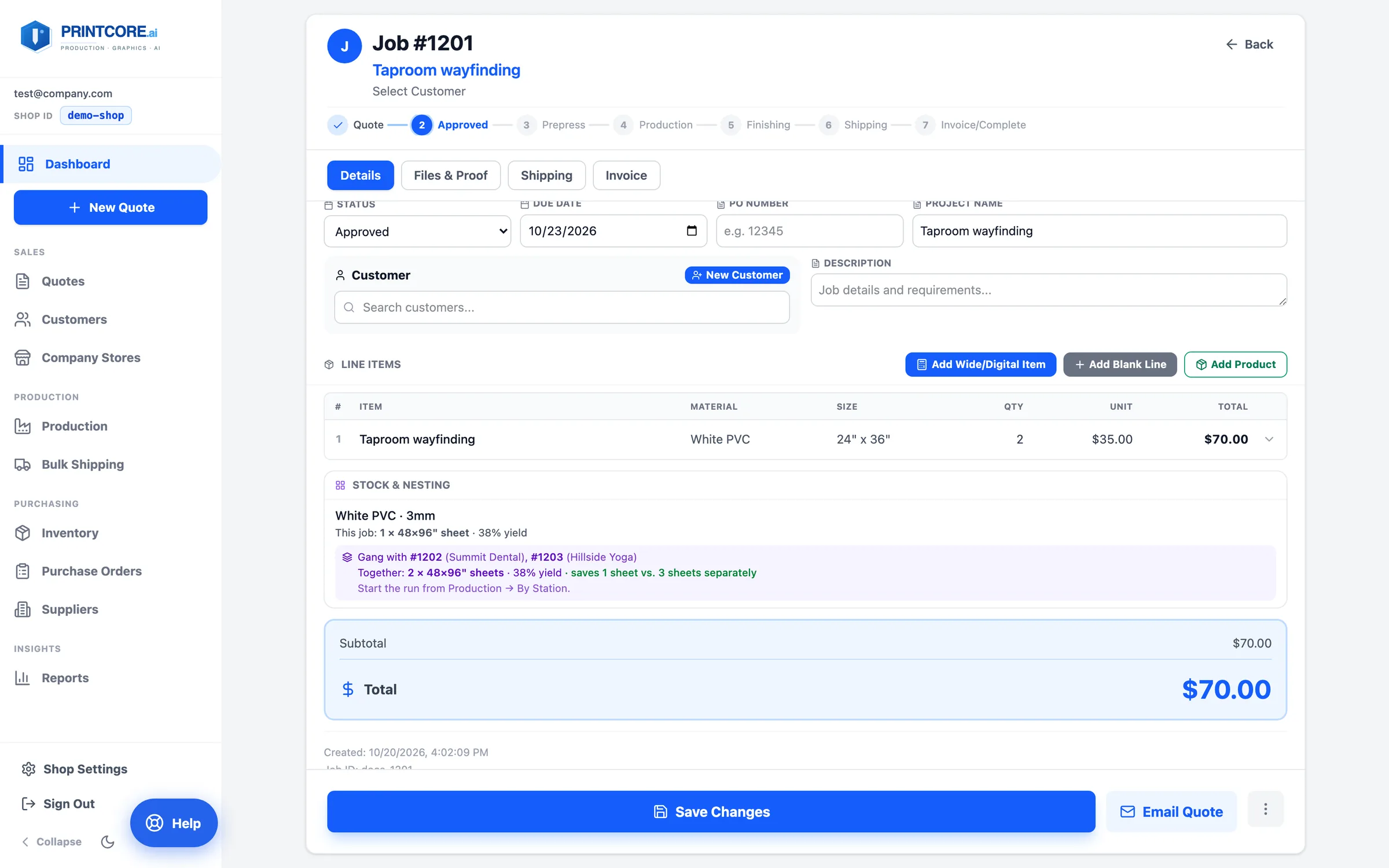 Stock & nesting on the job ticket