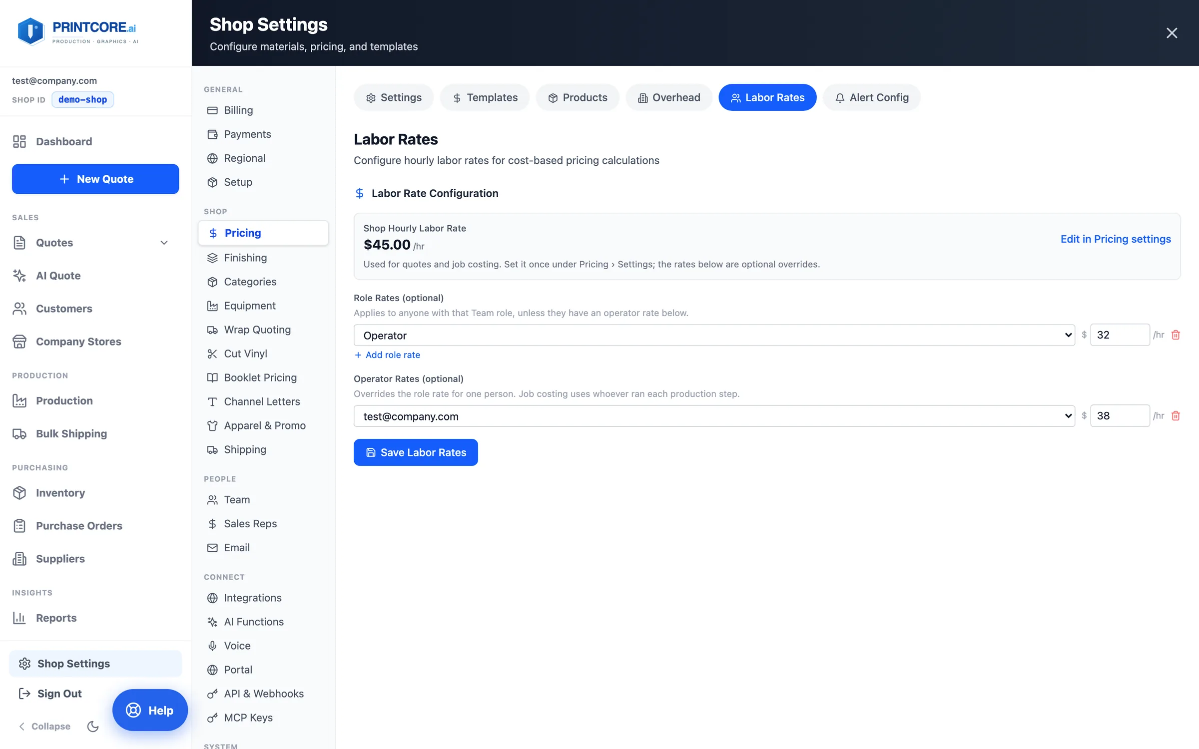 Labor rates: one shop rate, optional overrides