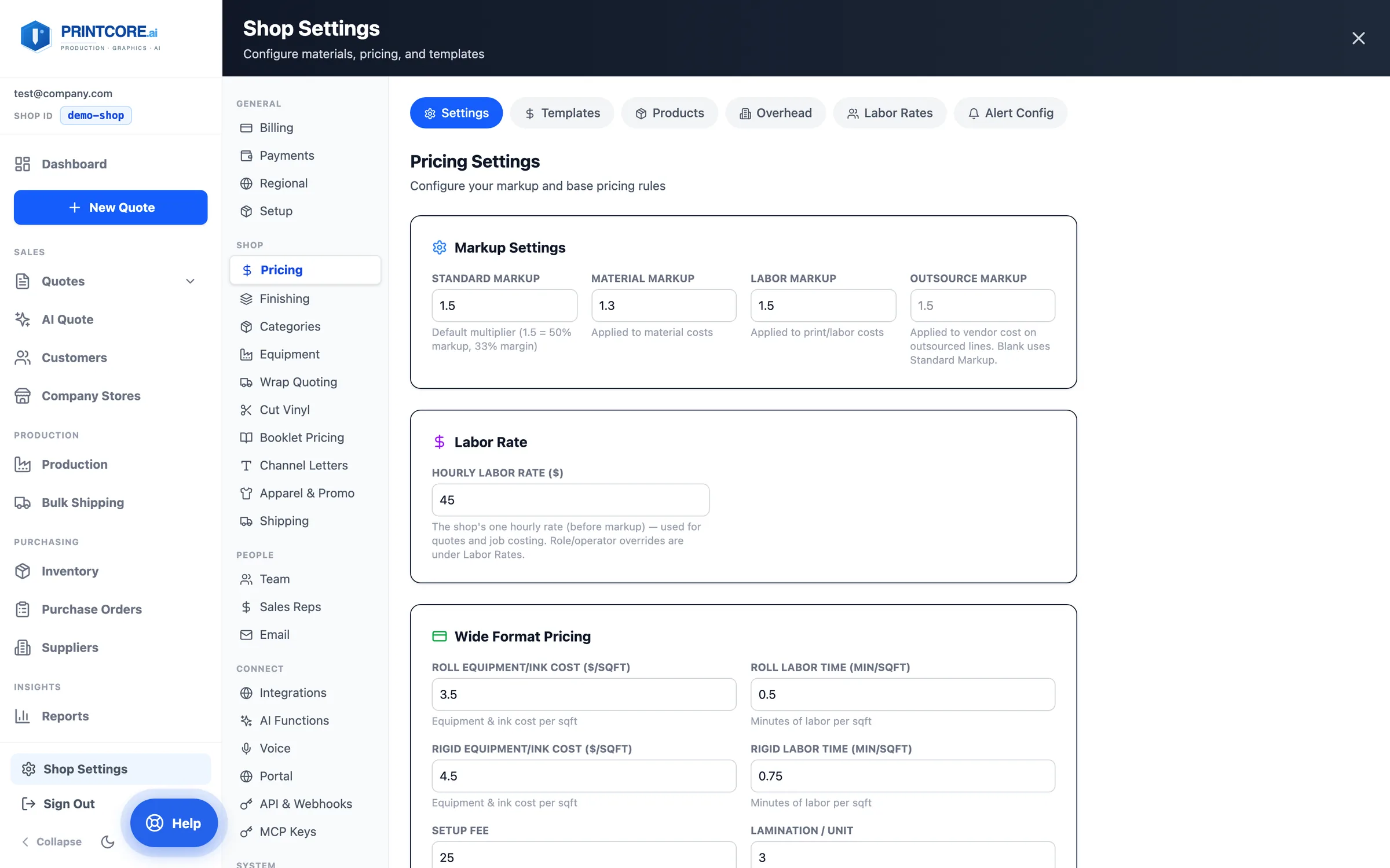 The settings page